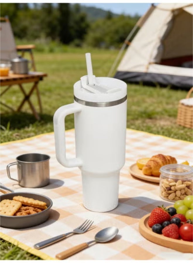 EXCLIFE Stainless Steel Vacuum Flask with Lid and Straw White - Image 2